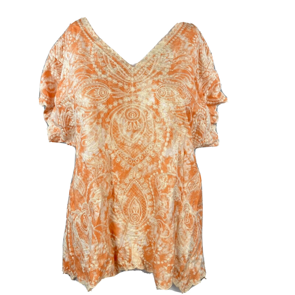 Solitaire Shirt Womens M Orange Cream Butterfly Sleeve Embroidered Blouse Tunic